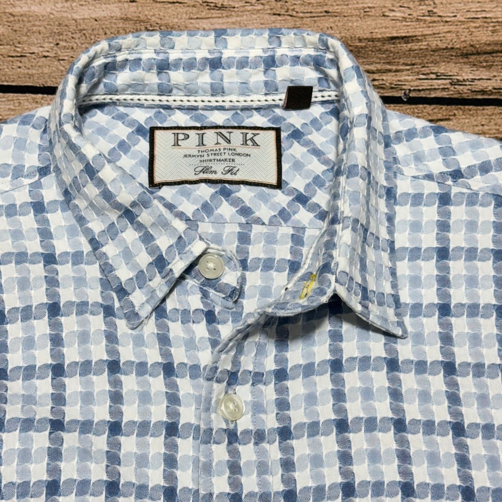 Thomas Pink Button Down Men Small Blue Slim Fit Seersucker Check Shirt